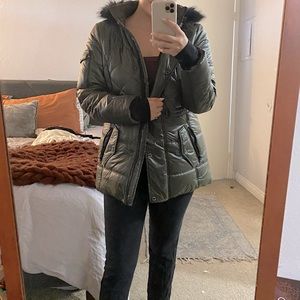 Michael Kors Olive Green with Black details and Black faux fur puffer.